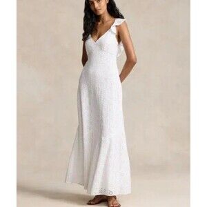 NWT Polo Ralph Lauren Size 14 White Eyelet Cotton Maxi Dress Ruffle Back V-Neck